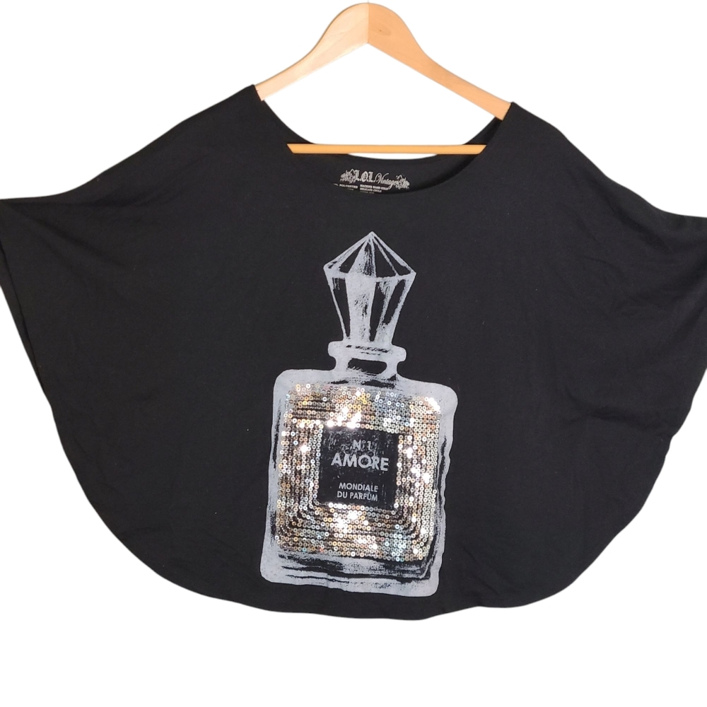 Black Graphic Tee with Sequin Perfume Bottle Design Lol Vintage Large Glam - Picture 2 of 5